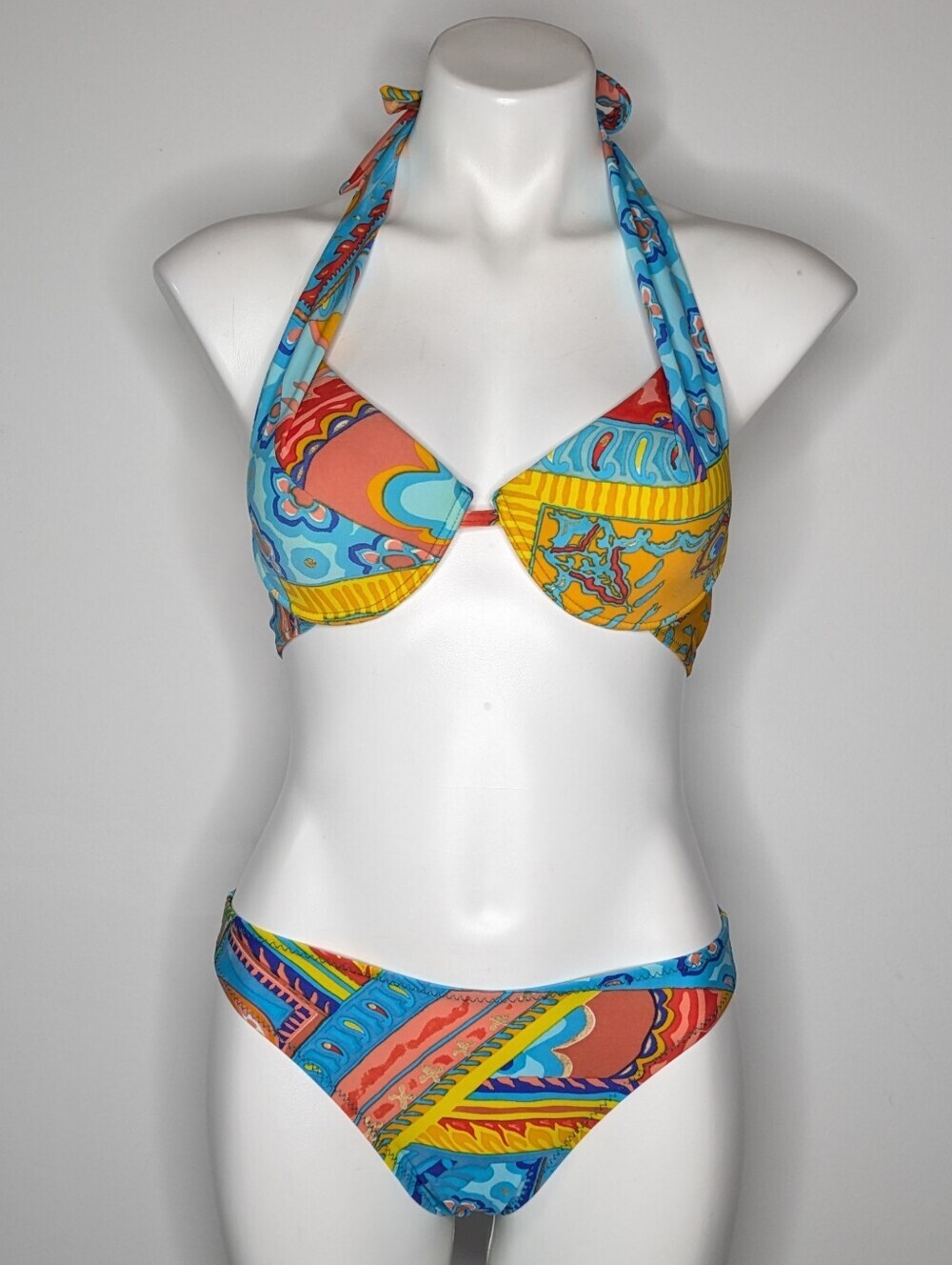 Vintage Van Leve France Blue Orange Yellow Tie Back Halter Bikini M
